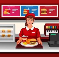 il lavoro del ristorante fast food della ragazza ha servito l'ordine al concetto del cliente nell'illustrazione del fumetto vettore