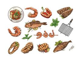 un' impostato di disegnato a mano schizzi di barbecue pesce e pezzi di barbecue salmone bistecche, gamberetti, grigliato Pepe, barbecue. scarabocchio Vintage ▾ illustrazione. inciso Immagine. vettore
