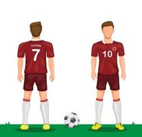 giocatore di calcio in rosso uniforme simbolo icona impostata dal concetto di jersey di calcio sportivo vista posteriore e frontale nell'illustrazione del fumetto vettore