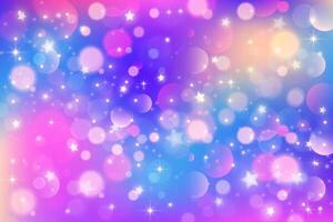 rosa e blu stellato cielo. carino unicorno galassia sfondo con luccichio e bokeh struttura. viola sfondo con Fata brilla. olografico astratto brillante spazio. lilla pendenza paesaggio. vettore