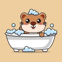 cartone animato carino lontra bagnarsi nel vasca da bagno pieno con schiuma vettore