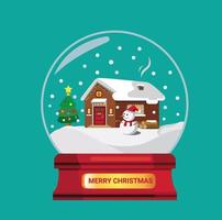 regalo o souvenir di globo di neve rosso. vettore dell'illustrazione della neve coperta di legno della casa