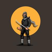 personaggio di figura ninja in piedi con il tramonto sullo sfondo. ninja cultura giapponese mascotte illustrazione vettoriale