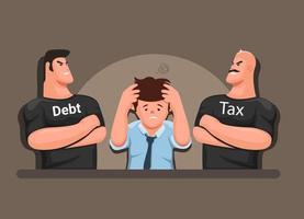 uomo stressato con esattori delle tasse e dei debiti, illustrazione del fumetto di simbolo di affari di gestione delle finanze vettore