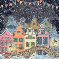 carino europeo case con ponti su un' sfondo di buio cielo e neve, decorato con ghirlande con bandiere. acquerello illustrazione. per decorazione e design di nuovo anno, Natale, inverno. vettore