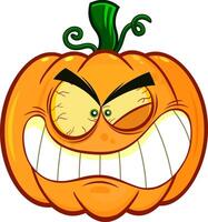 pazzo Halloween zucca cartone animato emoji viso personaggio con arrabbiato espressione vettore