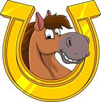 sorridente cavallo testa cartone animato portafortuna personaggio nel un' d'oro ferro di cavallo vettore