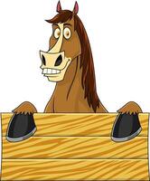 divertente Marrone cavallo cartone animato portafortuna personaggio al di sopra di un' vuoto di legno cartello tavola vettore