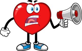arrabbiato rosso cuore cartone animato personaggio urlando in megafono vettore