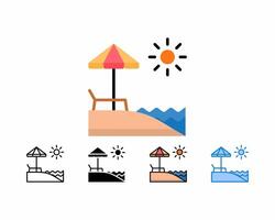 vacanza e viaggio, spiaggia ombrellone, spiaggia set.sedia 5 icone, linea schema, glifo,riempito linea, piatta colore e blu colore. modificabile colpi e pixel perfetto.can essere Usato per digitale prodotti, stampe, ecc. vettore