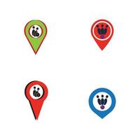 logo, icone e simbolo del concetto di punto mappa di bowling. palla da bowling e illustrazione vettoriale pin.