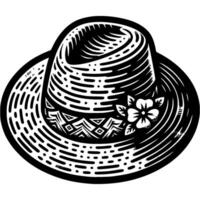 leggero estate copricapo nel monocromo. Panama cappello decorato con fiori. semplice minimalista nel nero inchiostro disegno su bianca sfondo vettore