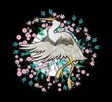 il design dell'illustrazione della gru per sukajan è un panno tradizionale giapponese o una maglietta con ricamo digitale disegnato a mano t-shirt da uomo estate casual manica corta maglietta hip hop streetwear vettore