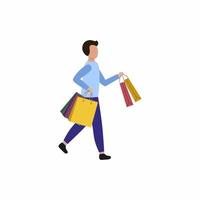 un uomo tiene in mano le borse della spesa e corre. carattere piatto vettoriale. il concetto di shopping, sconti e promozioni. vettore