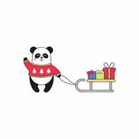 simpatico panda in un maglione accanto alla slitta, che sono regali. piatto del fumetto di vettore. panda isolato su uno sfondo bianco. disegno per le vacanze di natale e capodanno vettore