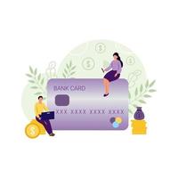 una ragazza e un uomo pagano gli acquisti online in un negozio utilizzando una carta di credito tramite pagamento online. il concetto di negozio online. illustrazioni vettoriali piatte. economia e finanza, affari, banche.