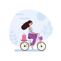 una ragazza va in bicicletta per fare shopping in un negozio. disegnando una bella ragazza impegnata nel ciclismo. concetto di attività all'aperto in città. illustrazione di cartone animato piatto vettoriale