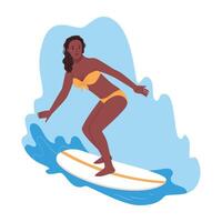 africano ragazza fare surf su grande onde. manifesto design catturare un' wave.windsurfer su tavola boardsailing nel mare acqua, onda. vento fare surf e andare in barca attività nel oceano nel estate. piatto mano disegnare vettore