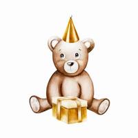 acquerello carino cartone animato orsacchiotto orso con d'oro compleanno, vacanza berretto e regalo scatola. mano disegnato bambino illustrazione isolato su bianca sfondo. bello giocattolo per bambino e bambini nuovo Nato celebrazione, des vettore