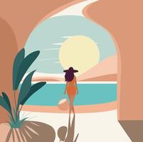 illustrazione. ragazza su vacanza su il spiaggia nel un' bianca vestito con un' cappello. no viso. abbronzato ragazza. camminare su il mare vettore