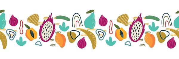 estate frutta senza soluzione di continuità confine. pitaya, Banana, Mango, Figura, pesca, Pera e astratto elementi. isolato illustrazione per il tuo design. vettore