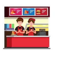 il bancone del cassiere di fast food, l'uomo e la donna indossano un lavoro uniforme nel ristorante di hamburger in un'illustrazione piatta del fumetto vettore