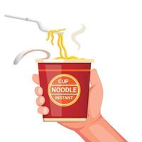 mano che tiene tazza istantanea di noodle con forchetta di plastica pronta da mangiare. concetto di fumetto illustrazione realistica vettore isolato in sfondo bianco