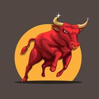 bufalo rosso in esecuzione. simbolo della mascotte per il concetto dello zodiaco toro o matador nell'illustrazione del fumetto vettoriale