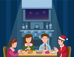 cena di natale in famiglia. famiglia che prega prima di mangiare nell'illustrazione della stagione di natale o capodanno vettore