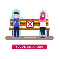 distanza sociale sull'area pubblica, persone sedute e mantenere la distanza per il rischio di infezione e malattia in illustrazione piatta vettore isolato in sfondo bianco