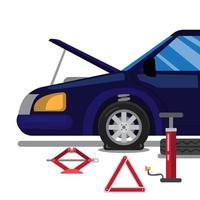 incidente d'auto, gomma a terra. cambio pneumatico con kit di attrezzi di emergenza in fumetto illustrazione piatta vettore isolato in sfondo bianco