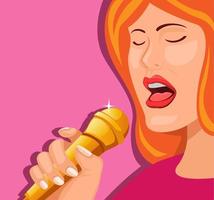 donna che tiene il microfono che canta, concetto di simbolo dell'artista cantante nell'illustrazione del fumetto vettore