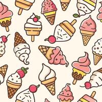 carino in stile kawaii ghiaccio crema modello. dolce ossequi nel adorabile disegni, con sorridente coni, delizioso coppe di gelato, e allegro ghiaccioli. vettore