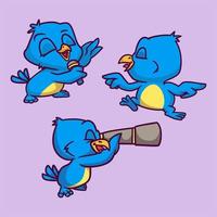 cartone animato disegno animale gli uccelli cantano, ballano e giocano con il binocolo simpatica mascotte illustrazione vettore