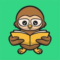 cartone animato disegno animale gufo che legge un libro simpatico logo mascotte vettore