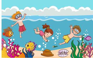 bambini avere divertimento immersione sotto acqua. divertente cartone animato carattere. illustrazione...carino bambini immersione nel il mare. cartone animato bambini lo snorkeling nel il oceano. vettore