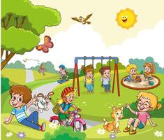 illustrazione di bambini avendo divertimento giocando nel il parco. vettore