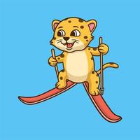 disegno animale dei cartoni animati leopardi sci sul ghiaccio simpatico logo mascotte vettore
