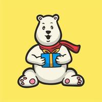 cartone animato disegno animale orso polare con confezione regalo simpatica mascotte logo vettore