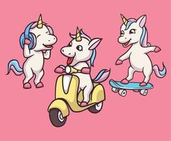 gli unicorni di disegno animale del fumetto ascoltano musica, guidano motociclette e skateboard simpatica illustrazione della mascotte vettore