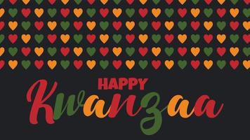 banner kwanzaa felice - celebrazione afroamericana negli Stati Uniti. illustrazione vettoriale con testo, motivo di bordo con cuori nei tradizionali colori africani - verde, rosso, giallo su nero. biglietto d'auguri