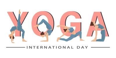 internazionale yoga giorno. yoga pose impostato con lettere e loto fiori. un' donna pratiche yoga. illustrazione, manifesto, bandiera vettore