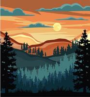 notte paesaggio con tramonto, pino foresta. lineare illustrazione colorato vettore