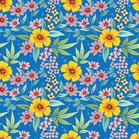 bellissimo fioritura fiori design su blu colore sfondo senza soluzione di continuità modello. vettore