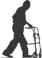silhouette anziano uomo con a piedi montatura pieno corpo nero colore solo vettore