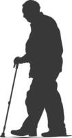 silhouette anziano uomo con a piedi bastone pieno corpo nero colore solo vettore