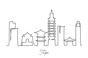 un disegno a tratteggio continuo dello skyline della città di taipei, in cina. bella stampa di poster di decorazioni per la casa punto di riferimento. vacanza di viaggio del turismo del paesaggio del mondo. illustrazione vettoriale di disegno a linea singola