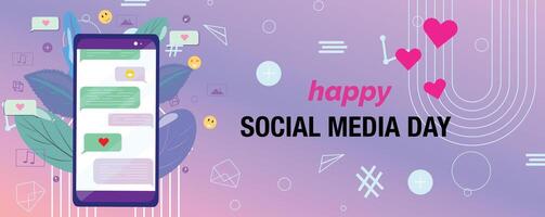 sociale media viola bandiera con emoji, cuori, musica Appunti, discorso bolle, sorrisi, foglie, e cellulare Chiacchierare vettore