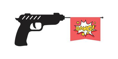pistola pistola con scoppio testo icona nel piatto stile. arma simbolo illustrazione su isolato sfondo. fucile munizioni cartello attività commerciale concetto. vettore
