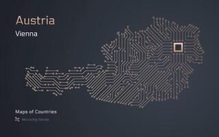 Austria carta geografica con un' capitale di vienna mostrato nel un' microchip modello con processore. e-governo. mondo paesi mappe. microchip serie vettore